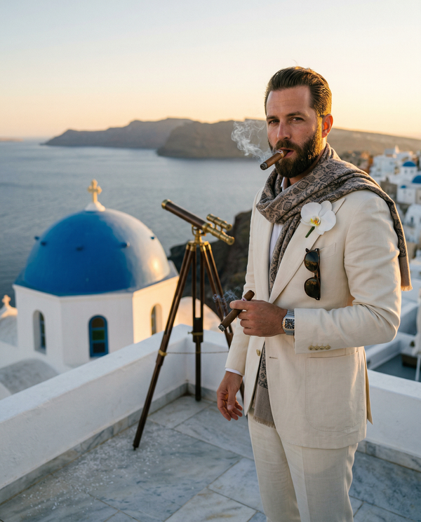 Portrait overlooking Santorini blue dome with Tom Ford suit