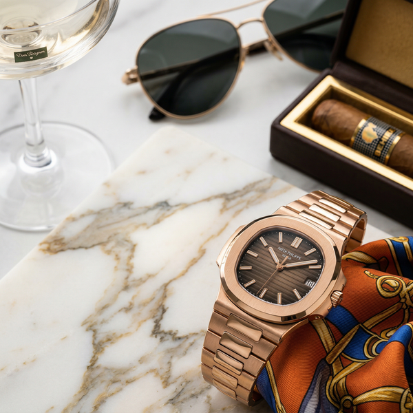 Patek Philippe on Calacatta marble with Hermès scarf