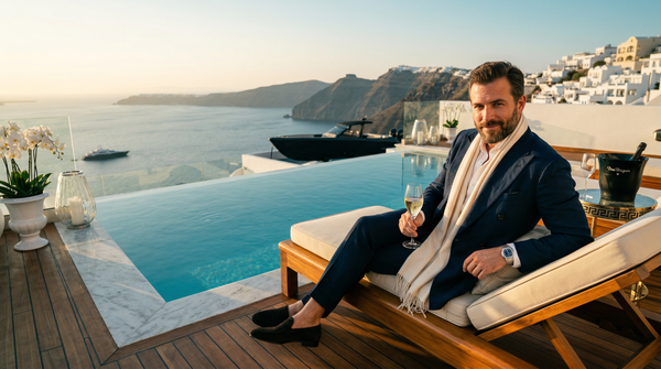 Low-angle rooftop infinity pool with Tom Ford-clad man