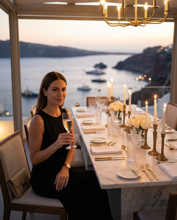 Private sunset dining on Santorini terrace with Gucci gown