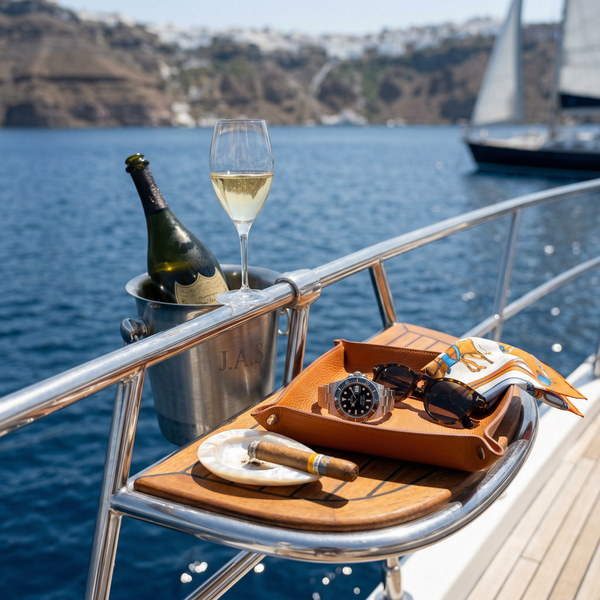 Champagne flute and Rolex on yacht rail with Aegean sea