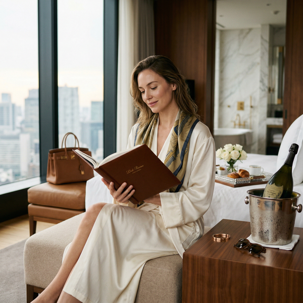 Aman Tokyo suite morning affluent woman in Loro Piana robe with Dom Pérignon
