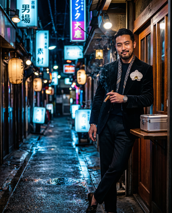 Golden Gai neon portrait, Tom Ford velvet blazer, cigar