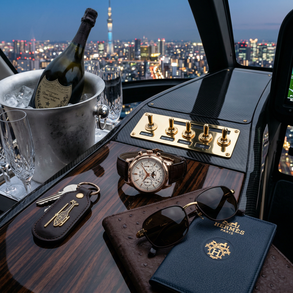 Helicopter console still life, Patek, Dom Pérignon, Cartier sunglasses