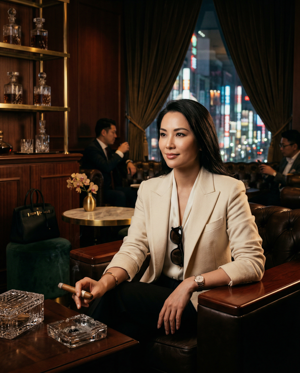 Members-only mahogany lounge portrait wealthy woman in Brunello Cucinelli