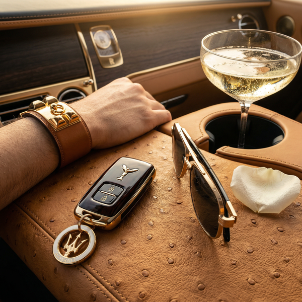 Car key on ostrich leather dashboard with Hermès cuff and Cartier