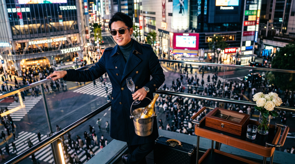 Shibuya crossing balcony wealthy man in Louis Vuitton trench with Cristal