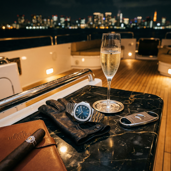 Yacht detail Patek Philippe and Dom Pérignon on marble cockpit table