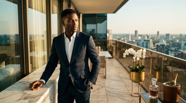Gold-hour penthouse luxury profile portrait with skyline