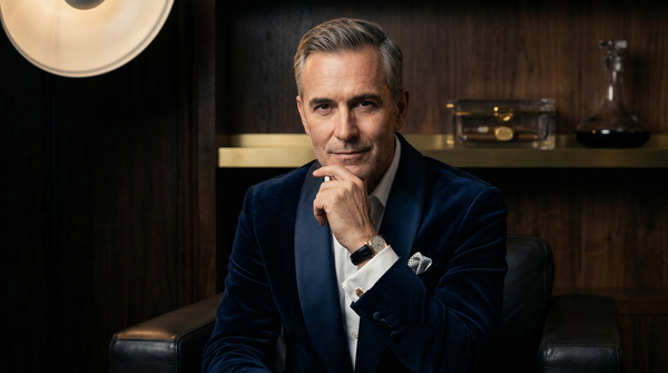 Chiaroscuro medium‑format portrait in velvet smoking jacket and Patek