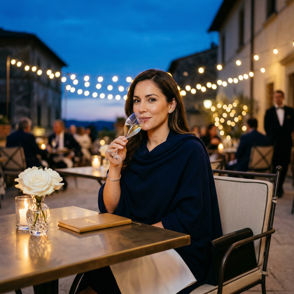 Blue‑hour Michelin terrace portrait with Brunello Cucinelli and Dom Pérignon