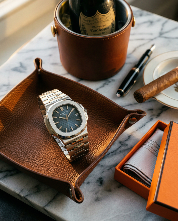 Patek watch on Carrara marble with Hermès box and Dom Pérignon