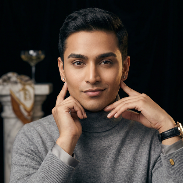 Studio beauty headshot in Loro Piana cashmere, luxury profile pic