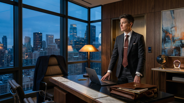 Corner office founder at desk with city skyline, marble and walnut