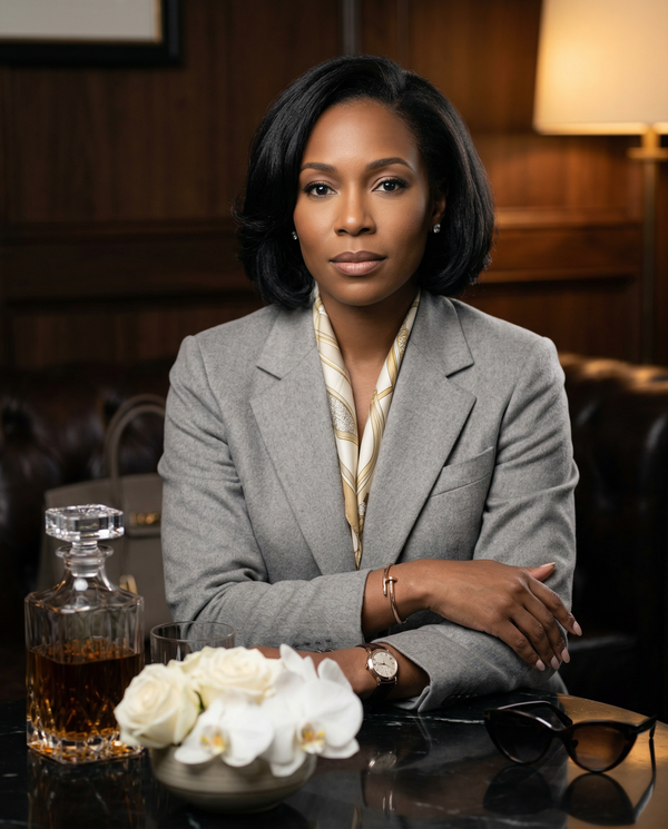Studio headshot of female founder in members lounge, cashmere blazer