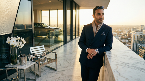 Penthouse founder on marble terrace at golden hour, luxury skyline