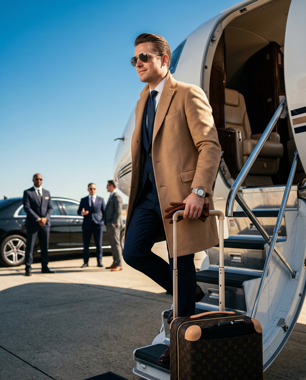 Founder stepping from private jet in cashmere coat and Rolex, luxury travel
