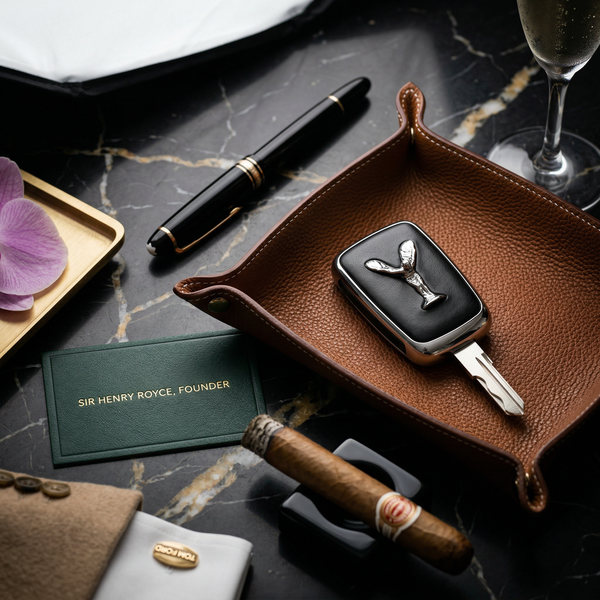 Rolls-Royce key on Hermès leather valet tray with Montblanc pen