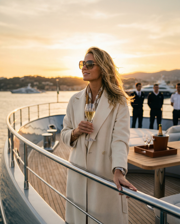 Yacht bow portrait of female founder at sunset holding Cristal champagne