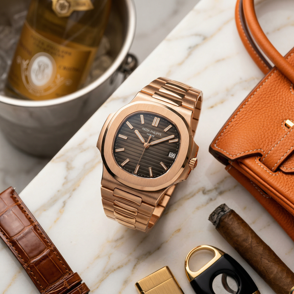 Patek Philippe Nautilus on Calacatta marble with Hermès Birkin detail