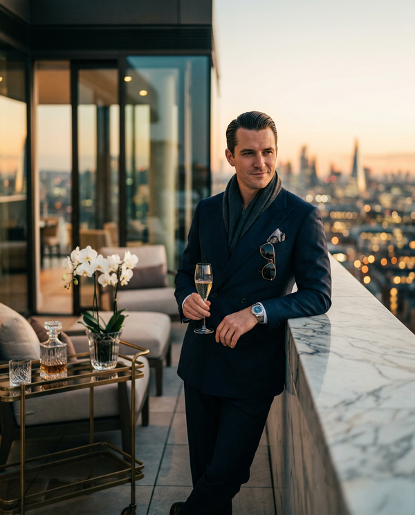 Wealthy man in Tom Ford suit on penthouse terrace at golden hour