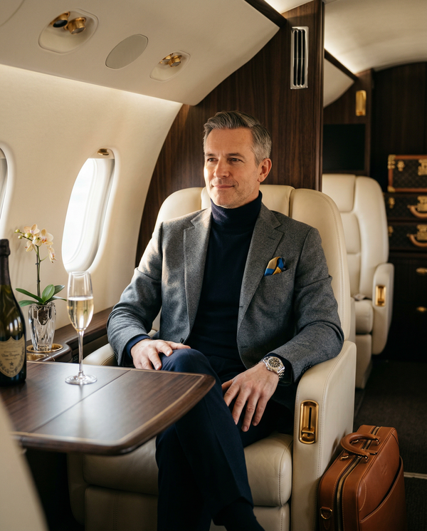 Wealthy man in cashmere on private jet interior with Dom Pérignon