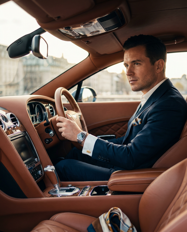 Bentley interior portrait of Tom Ford-clad driver with Rolex