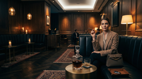 Members-only lounge with Brunello Cucinelli-clad woman and crystal decanter