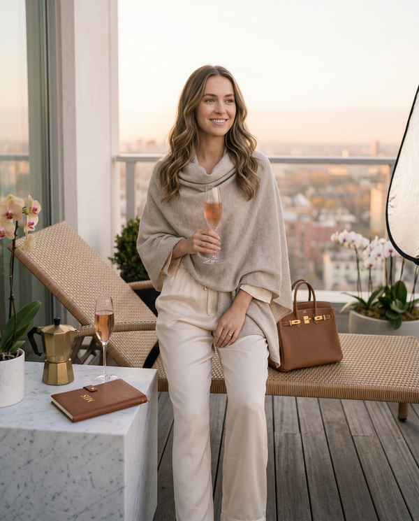 Morning terrace portrait in Loro Piana cashmere with Rosé