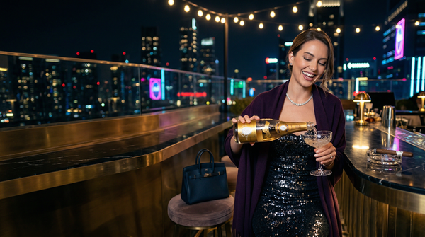Rooftop night party pouring Cristal with city skyline bokeh