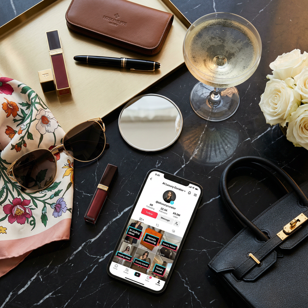 Luxury TikTok flatlay with smartphone, Birkin and Dom Pérignon on marble