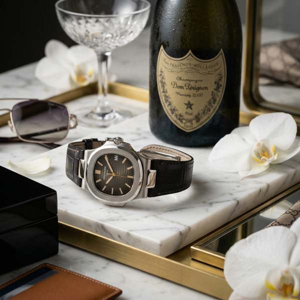 Patek Philippe on Calacatta marble with Dom Pérignon bottle