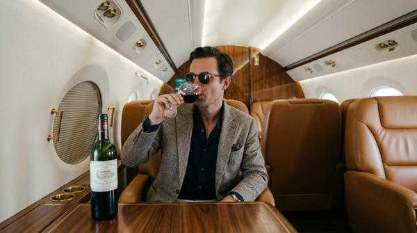 Luxury private jet lounge interior with plush seating and elegance