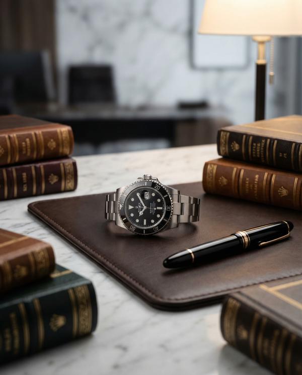 Marble office space featuring a Rolex watch and opulent furnishings