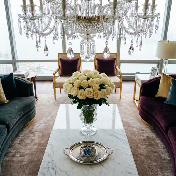 Opulent penthouse living room with breathtaking views and luxury furnishings