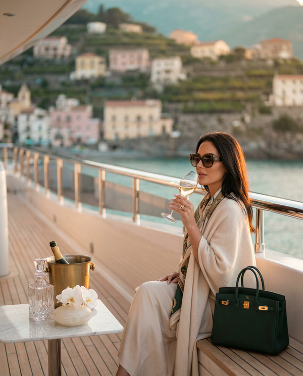 Woman on Amalfi yacht aft terrace sipping Dom Pérignon