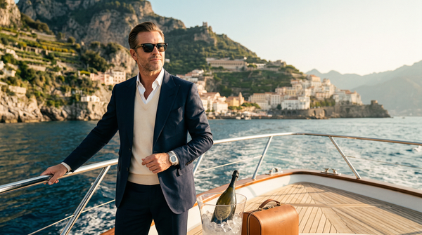 Amalfi yacht bow golden hour owner in Tom Ford