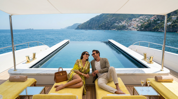 Overhead Amalfi yacht pool deck couple lounging, drone