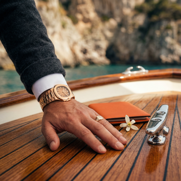 Patek Philippe on teak deck, Amalfi yacht detail shot
