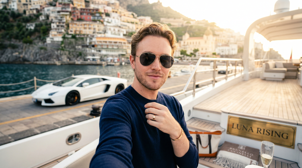 Upper deck selfie on Amalfi yacht with designer sunglasses