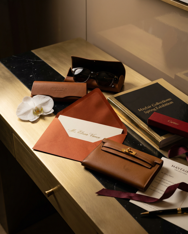 Hermès invitation and Kelly clutch on brushed gold console