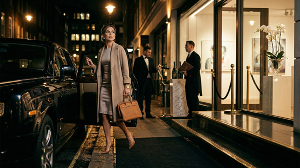 Nighttime gallery arrival with Rolls-Royce and couture guest