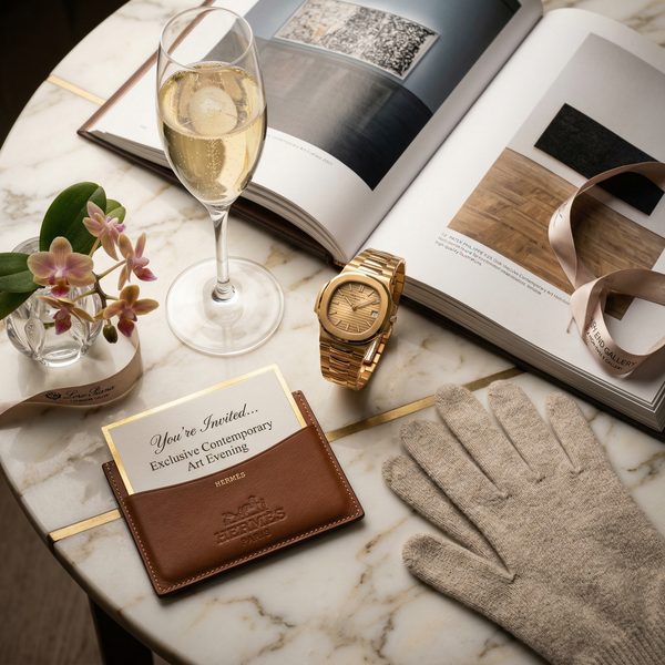 Patek, Dom Pérignon and Hermès invitation on Calacatta marble