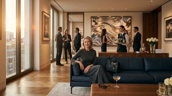 Wide private collector salon with luxury patrons and AI installation