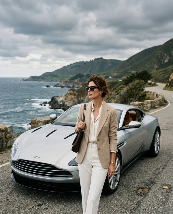 Elegant woman with Aston Martin DB11 on a peninsula