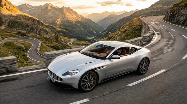 Aston Martin DB11 at golden hour on mountain road