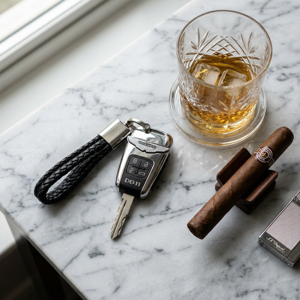 Aston Martin DB11 keys on marble with crystal tumbler