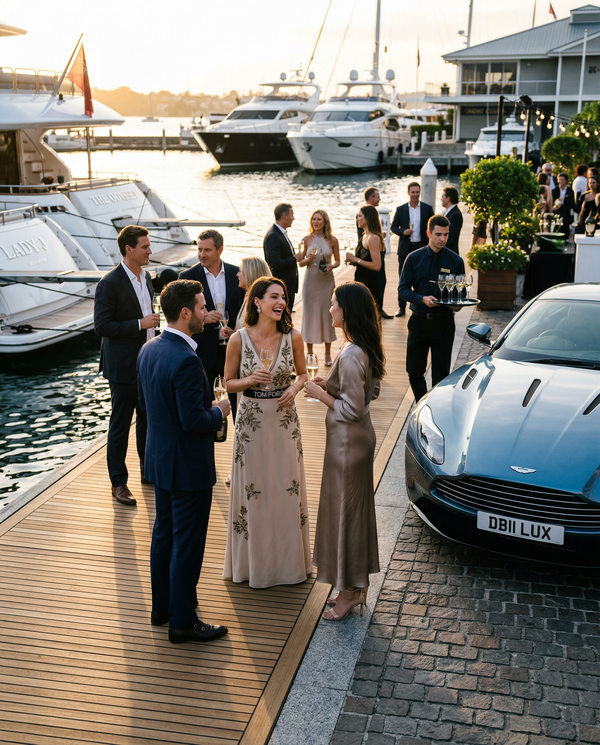 Luxury dockside social gathering with Aston Martin DB11