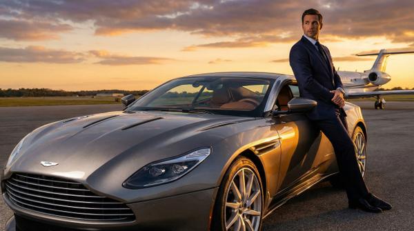 Aston Martin DB11 parked on sunset-lit asphalt, showcasing luxury design.