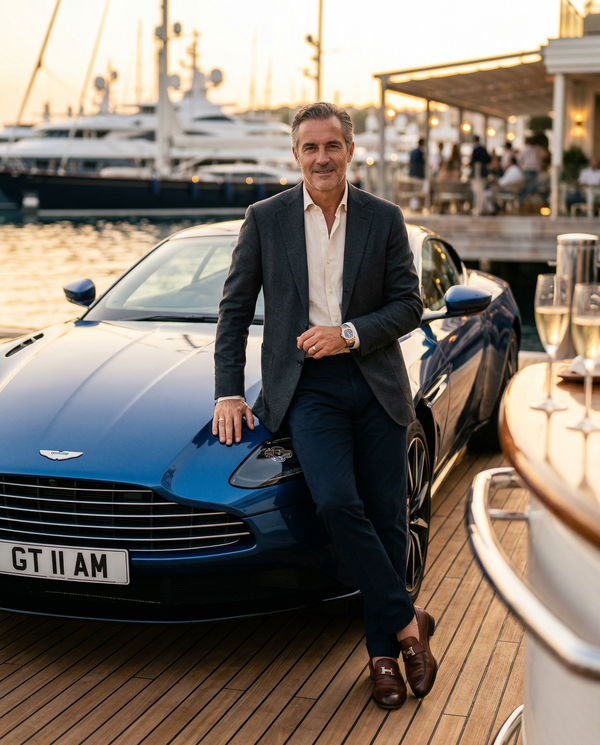 Wealthy gentleman at sunset with Aston Martin DB11